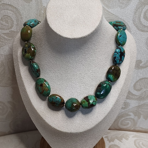 ARTISAN HEAVY TURQUOISE BRONZE NUGGET NECKLACE VINTAGE 80S GEMSTONE - Picture 4 of 11